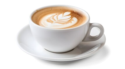 Naklejka premium Elegant Cappuccino with Artful Milk Foam in Ceramic Cup and Saucer on White Background