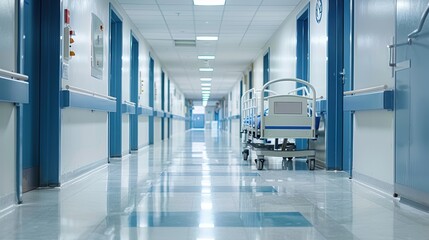 Obraz premium The photo captures a hospital corridor with closed doors and a patient bed, indicative of ongoing medical activities