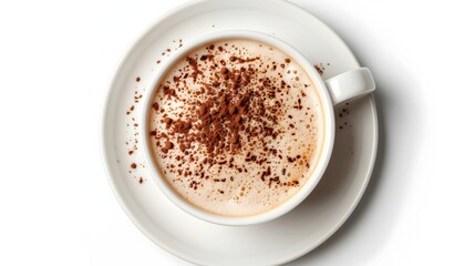 Fototapeta premium Tempting Cappuccino with Cocoa Powder in Classic White Cup on White Background
