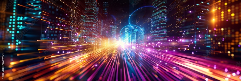 Poster augmented reality, an abstract design with dynamic light trails and digital textures, symbolizing th