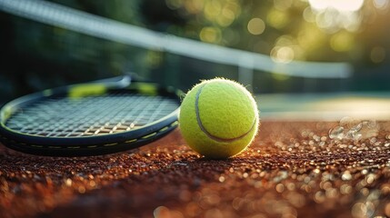 Evocative image of a tennis ball alongside a racket resting on a clay court, captured during golden hour