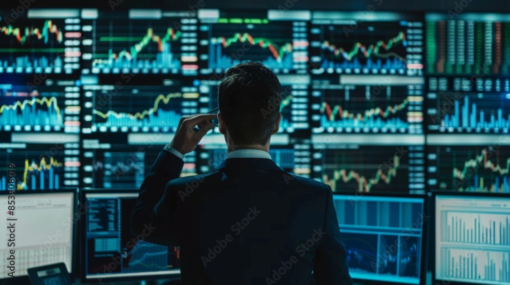 Aufkleber an investment manager analyzing stock market trends with candlestick charts and trading volume graph