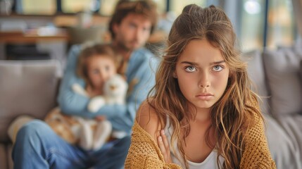 A young girl with a serious expression is in focus, with a blurred man and child in the background, possibly her family