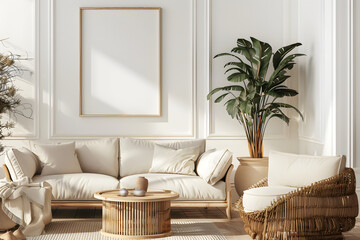 modern interior with a large empty frame for text on the wall, modern interior, illustration of an interior with a frame on the wall