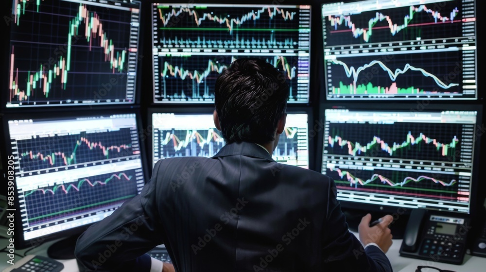 Aufkleber an investment manager analyzing stock market trends with candlestick charts and trading volume graph