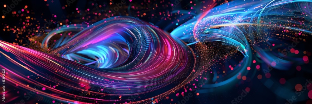 Poster virtual reality, a dynamic abstract background with neon swirls and digital textures, symbolizing th