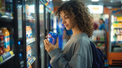 A young woman with curly hair is intently selecting a drink from a refrigerator in a well-lit grocery store aisle