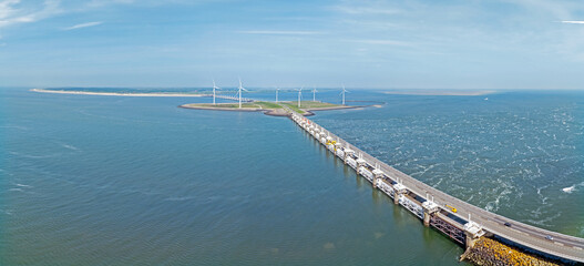 Aerial panorama from the Oosterschelde storm surge barrier in Zeeland the Netherlands