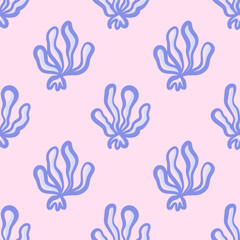 Vector floral seamless pattern. Abstract wavy blue flowers in hand drawn style. Retro vibe. Cottage core. Design for fabric, wallpaper, wrapping paper, cover, poster, invitation