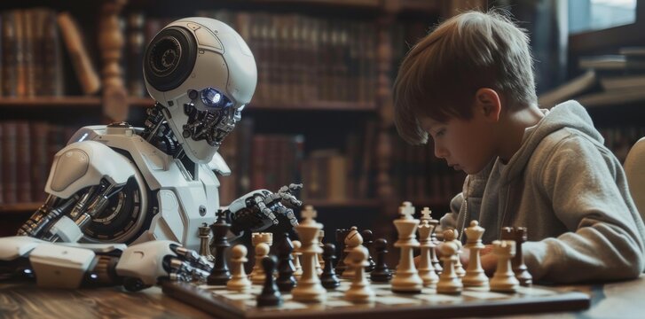 A little boy and a robot playing chess against a backdrop of bookshelves, robot for home, artificial intelligence, development, future, perfect for articles about robots, AI and the future