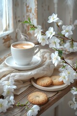 Coffee, cookies, and blossoms in a cozy setting