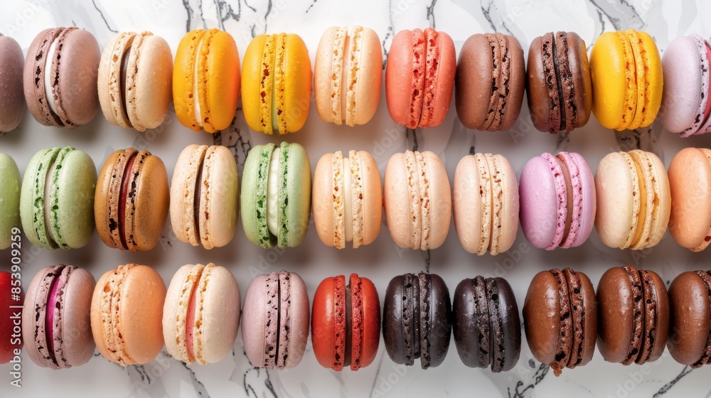 Poster Assortment of colorful French macarons arranged in rows on a marble countertop, perfect for a dessert buffet.