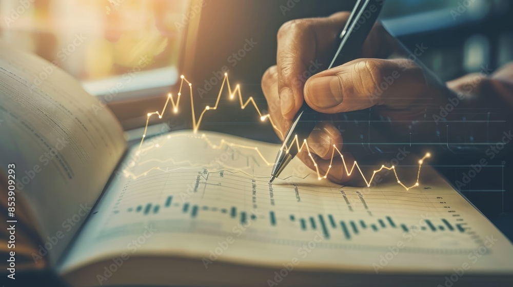Poster a hand writing in a notebook with a financial chart overlay, symbolizing the planning and tracking o