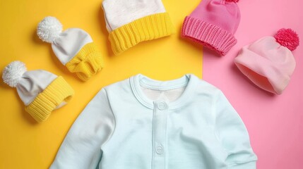 A collection of knit baby hats and a pastel cardigan, split between yellow and pink background
