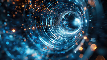 Fototapeta premium An abstract image depicting a tunnel of swirling lights and particles, creating a sense of motion and depth. Blue and orange lights give it a futuristic, technological feel, resembling a time tunnel o
