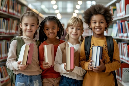 Happy children holding books in library