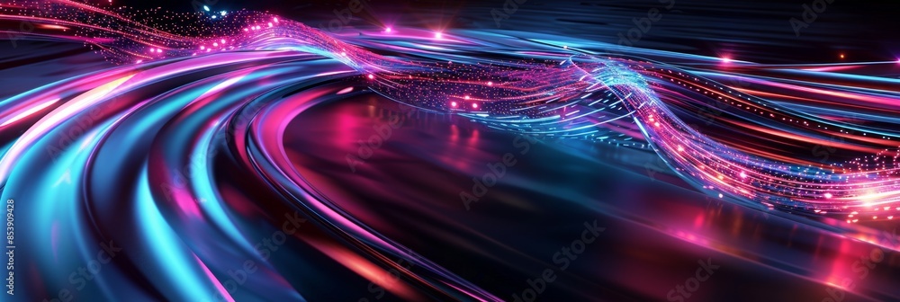 Poster virtual reality, a dynamic abstract background with neon swirls and digital textures, symbolizing th