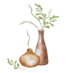 Two vase handcrafted with floral arrangement in watercolor isolated. Plants pastel color in high vase hand drawn. Handmade pottery with leaves and stems. For ceramics workshop, school, modeling