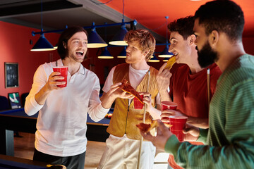 Friends stand around a pool table, enjoying food and drinks during a casual billiard game.