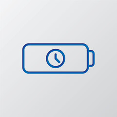 Battery with clock simple icon vector. Flat design. Paper cut design. Cutted blue symbol with shadow. Gray background