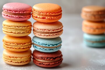 Colorful Macarons A stack of vibrant macarons in various flavors on a white background