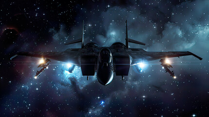 Hyper-realistic view of night fighters during a mission dark and starry sky aircraft lights creating vivid highlights detailed and  high-tech military 