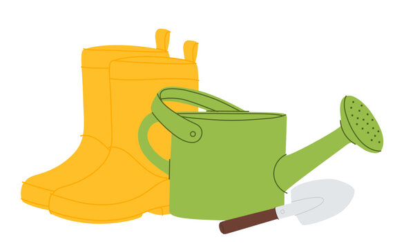 yellow boots, green watering can, gardening tools clip art preview