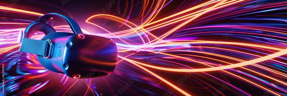 Aufkleber virtual reality, a dynamic abstract background with neon swirls and digital textures, symbolizing th