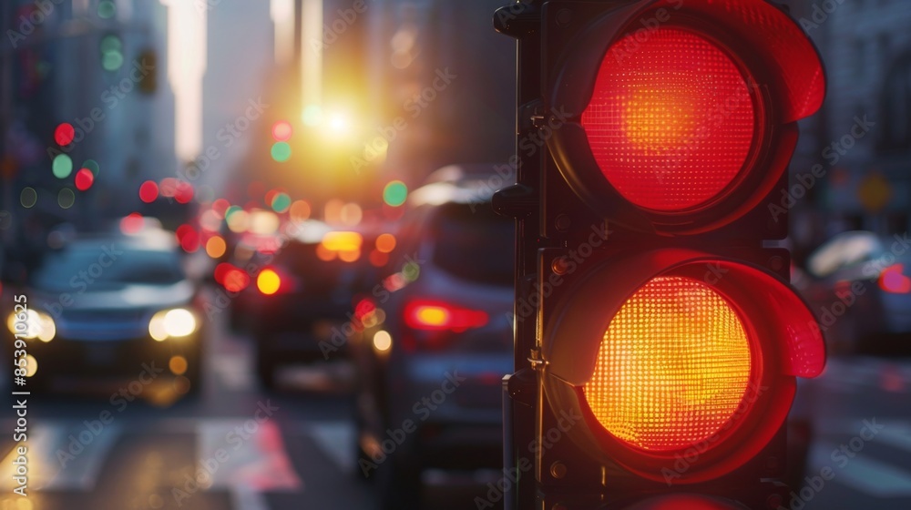 Poster close-up of a red traffic light with cars stopped at an intersection during rush hour traffic.