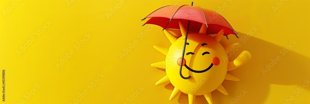 Poster a 3d render of a happy sun emoji with a red umbrella in one hand, smiling cheerfully on a yellow bac