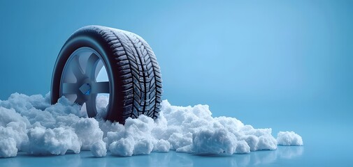 3D render of a winter car tire with snow on a blue background, shown in close up. A car wheel in deep ice and a pile of white snow