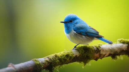 Fototapeta premium Cute blue bird perching on top mossy green background. 