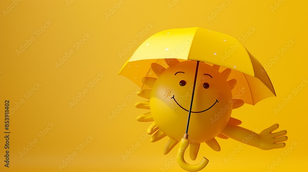 Poster a cheerful 3d sun emoji holds a bright yellow umbrella, creating a sunny and optimistic scene. the i