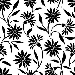 Floral seamless pattern with flowers and leaves silhouettes. Vector black and white floral print