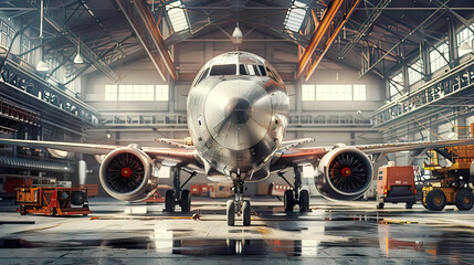 Lifelike image: Airplane ready for overhaul in hangar authentic preparation scene immersive ambiance clear focus.