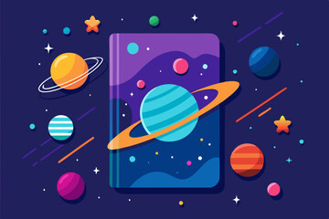 Naklejka premium notebook cover featuring space objects and planets in sci-fi style, dark blue background with a starry sky, futurism style