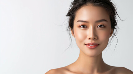Fototapeta premium Young natural asian smiling woman with perfect clean face skin looking into camera. Space for text.