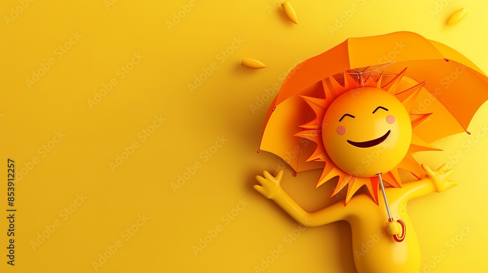 Poster a 3d rendering of a smiling sun emoji holding an orange umbrella, set against a bright yellow backdr