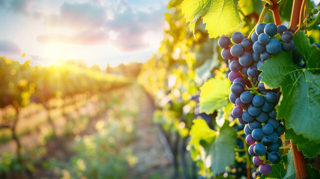 Ecological bunch of black seedless grapes grow in vineyard in summer sunlight