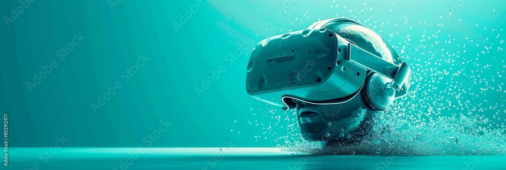 Aufkleber virtual reality, a minimalistic 3d abstract shape with vr elements on a vibrant turquoise background