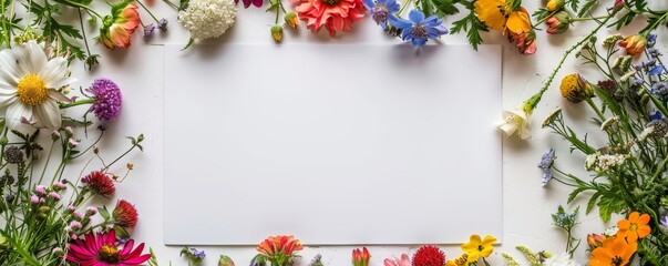 white blank paper sheet surrounded by colorful flowers, white background, flat lay, top view, mockup style, stock photo, professional photography, sharp focus, high resolution