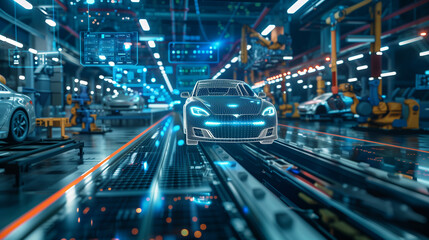 Futuristic car production line with digital interface in modern factory