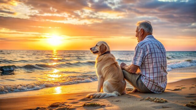 Lonely senior man and golden retriever  sitting at the beach , looking sunset - Powered by Adobe