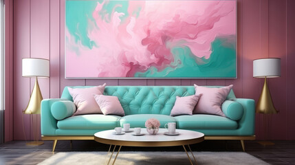 Abstract marbled acrylic paint ink painted waves painting texture colorful background banner illustration - Green pink color swirls waves, Generative AI