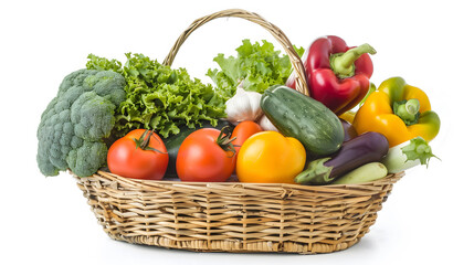 A basket of vegetables including carrots, potatoes, and broccoli