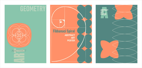 A set of minimalistic posters in vintage colors. Simple geometric shapes and lines (golden ratio spiral), with exemplary typography - modern print art design for branding, advertising, websites