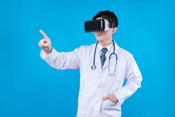 Doctor with stethoscope using VR headset pointing selection 3D hologram healthcare application against blue background with medical technology innovation poster banner materials design. Contrivance.