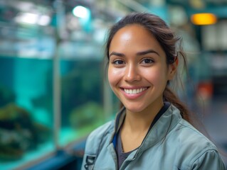Obraz premium A Marine Biologist female wearing field gear, standing in front of an aquarium tank, smiling and looking into the camera