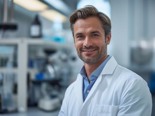 Fototapeta premium A Medical Researcher male wearing a lab coat, standing in front of a laboratory bench, smiling and looking into the camera
