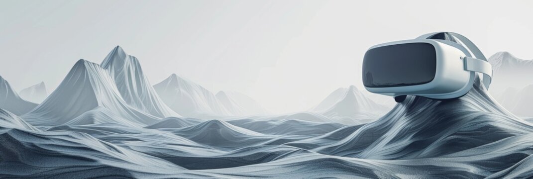 Virtual Reality, a minimalistic 3D abstract landscape within a VR headset on a simple gray background, representing virtual environments